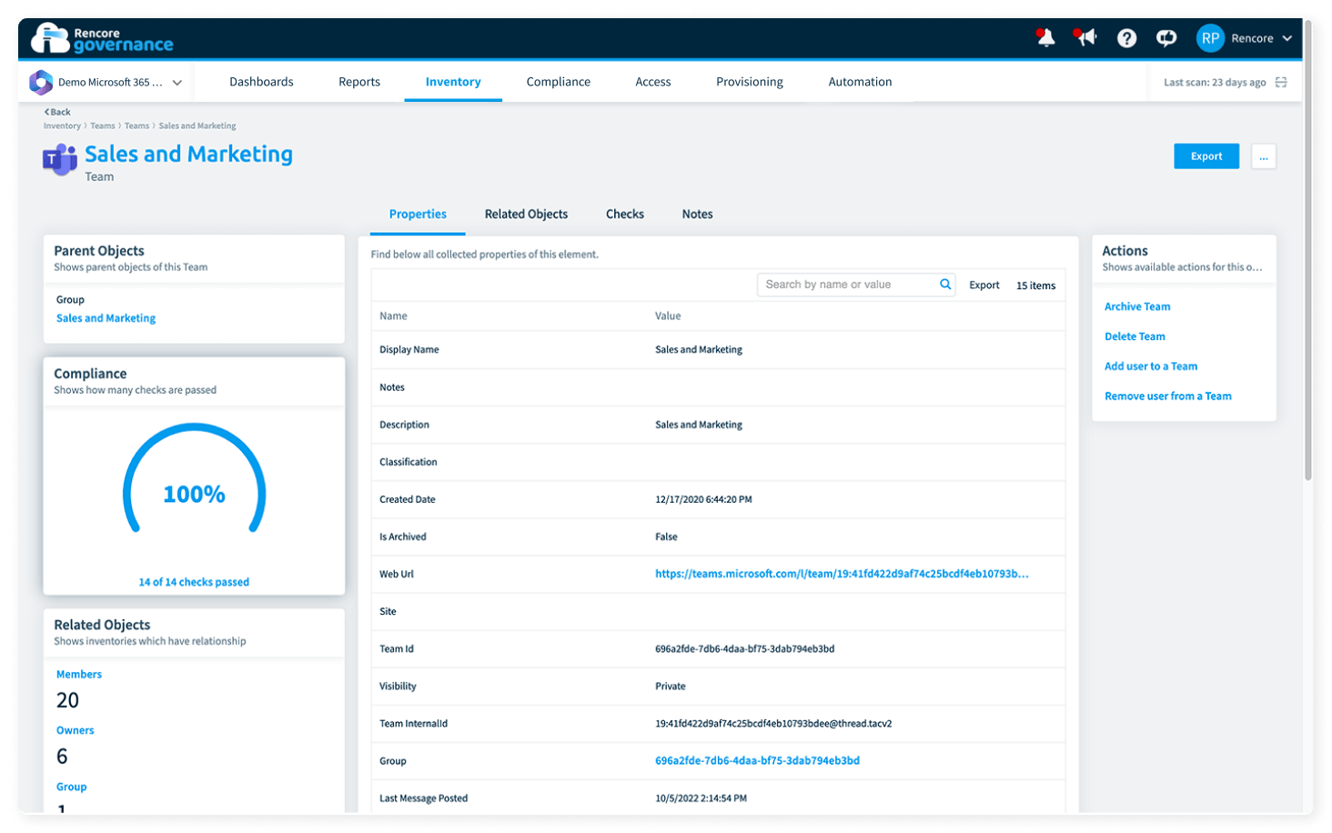 Inventaire, détails de l'objet, services M365
